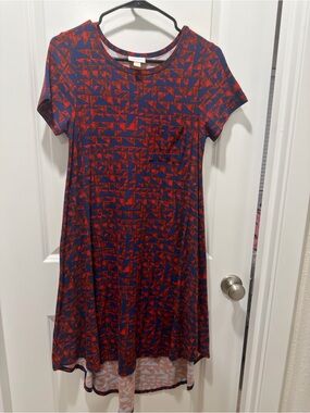 LuLaRoe High Low Dress in Navy and Red Geometric Print